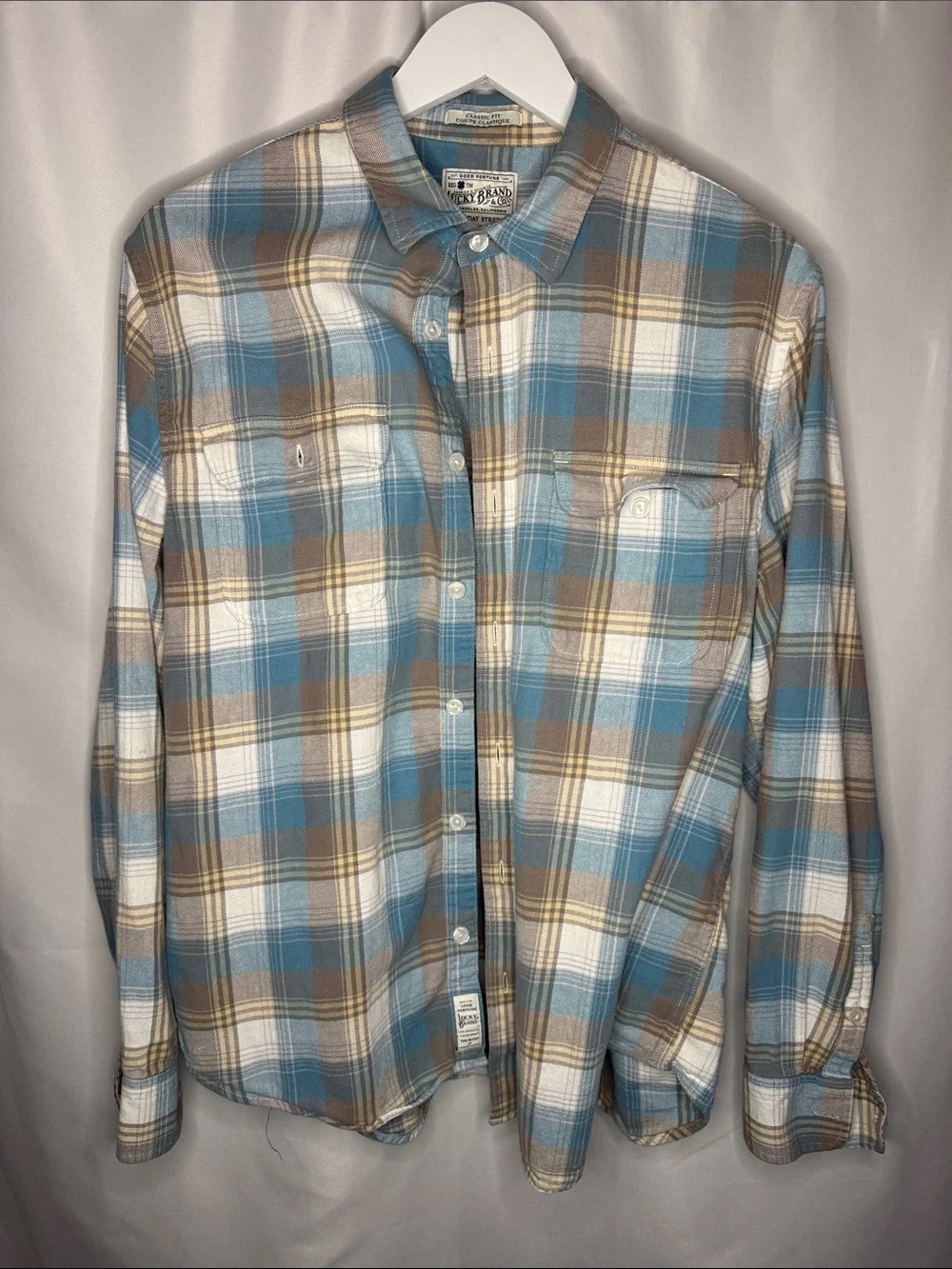 Lucky Brand Blue, Brown & White Plaid Button-Down Shirt large